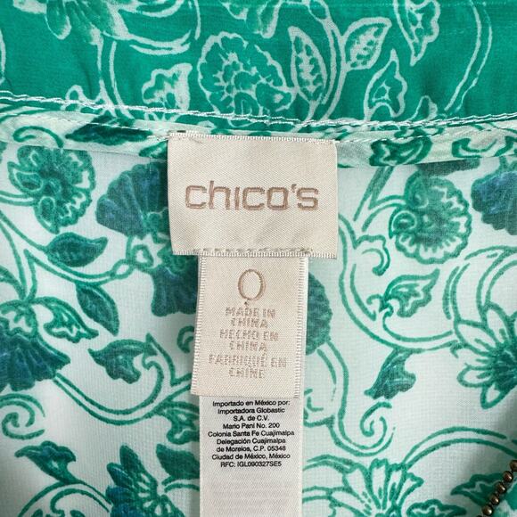 Chico's Sz 0 Congo Floral Tunic Green Print Sheer Embellished V-neck Blouse - Picture 10 of 13